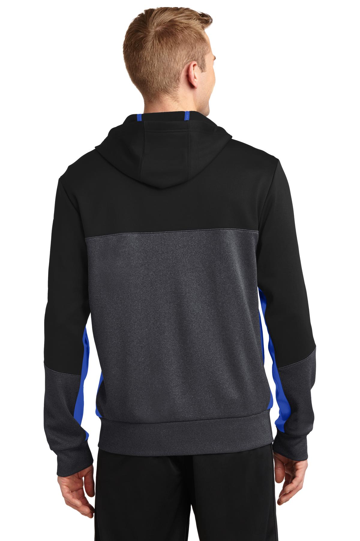 Custom Embroidered Sport-Tek Tech Fleece Colorblock Full-Zip Hooded Jacket. ST245,Black/ Graphite Heather/ True Royal