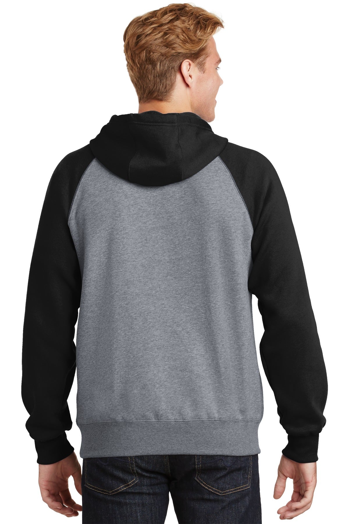 Custom Embroidered Sport-Tek Raglan Colorblock Pullover Hooded Sweatshirt. ST267,Black/ Vintage Heather