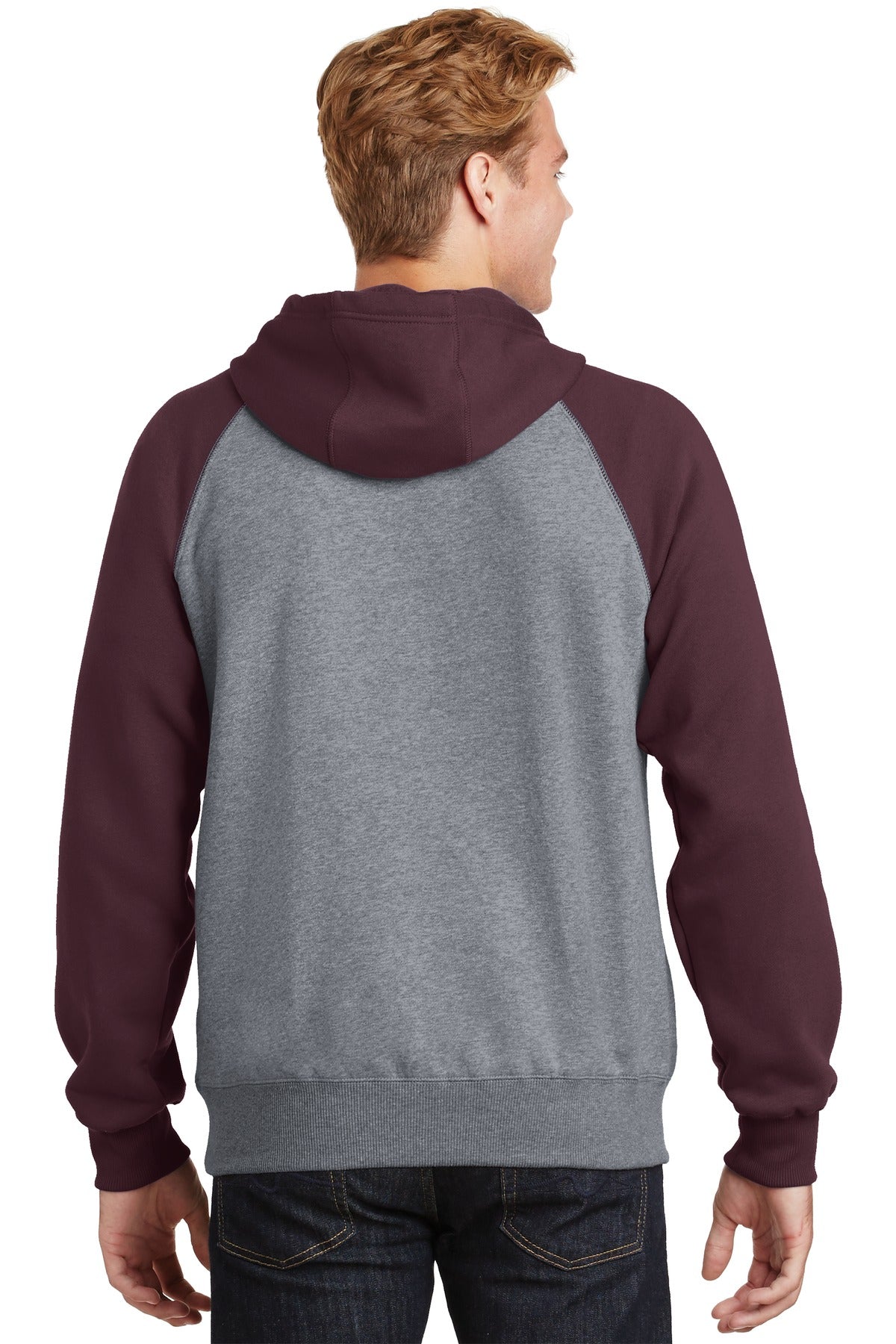 Custom Embroidered Sport-Tek Raglan Colorblock Pullover Hooded Sweatshirt. ST267,Maroon/ Vintage Heather