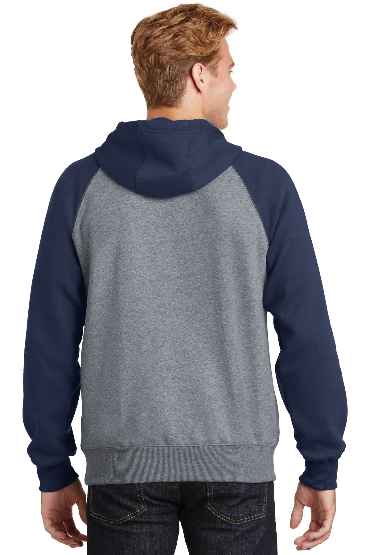 Custom Embroidered Sport-Tek Raglan Colorblock Pullover Hooded Sweatshirt. ST267,True Navy/ Vintage Heather