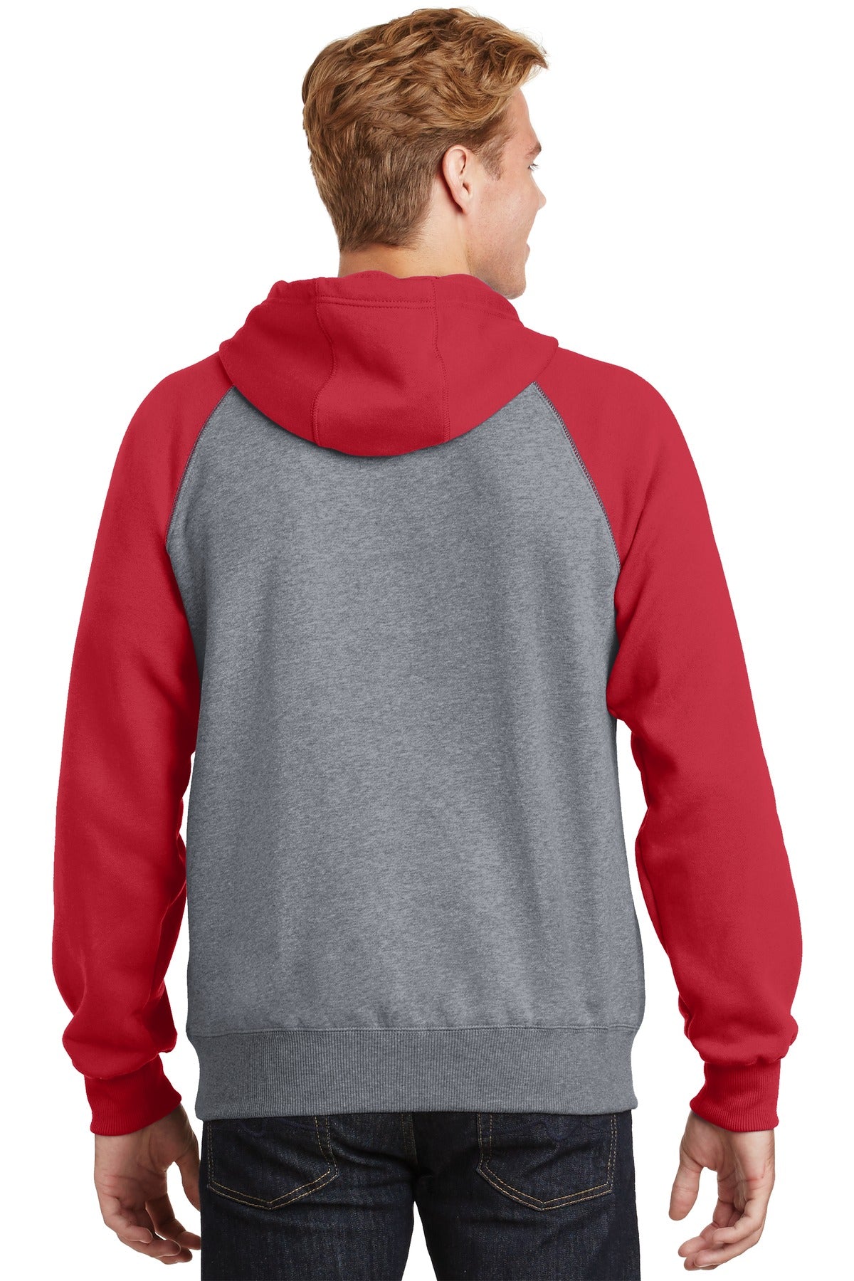 Custom Embroidered Sport-Tek Raglan Colorblock Pullover Hooded Sweatshirt. ST267,True Red/ Vintage Heather