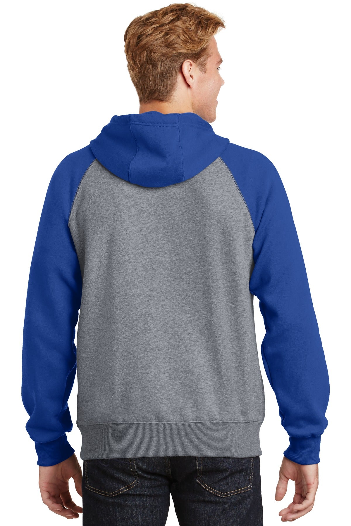 Custom Embroidered Sport-Tek Raglan Colorblock Pullover Hooded Sweatshirt. ST267,True Royal/ Vintage Heather