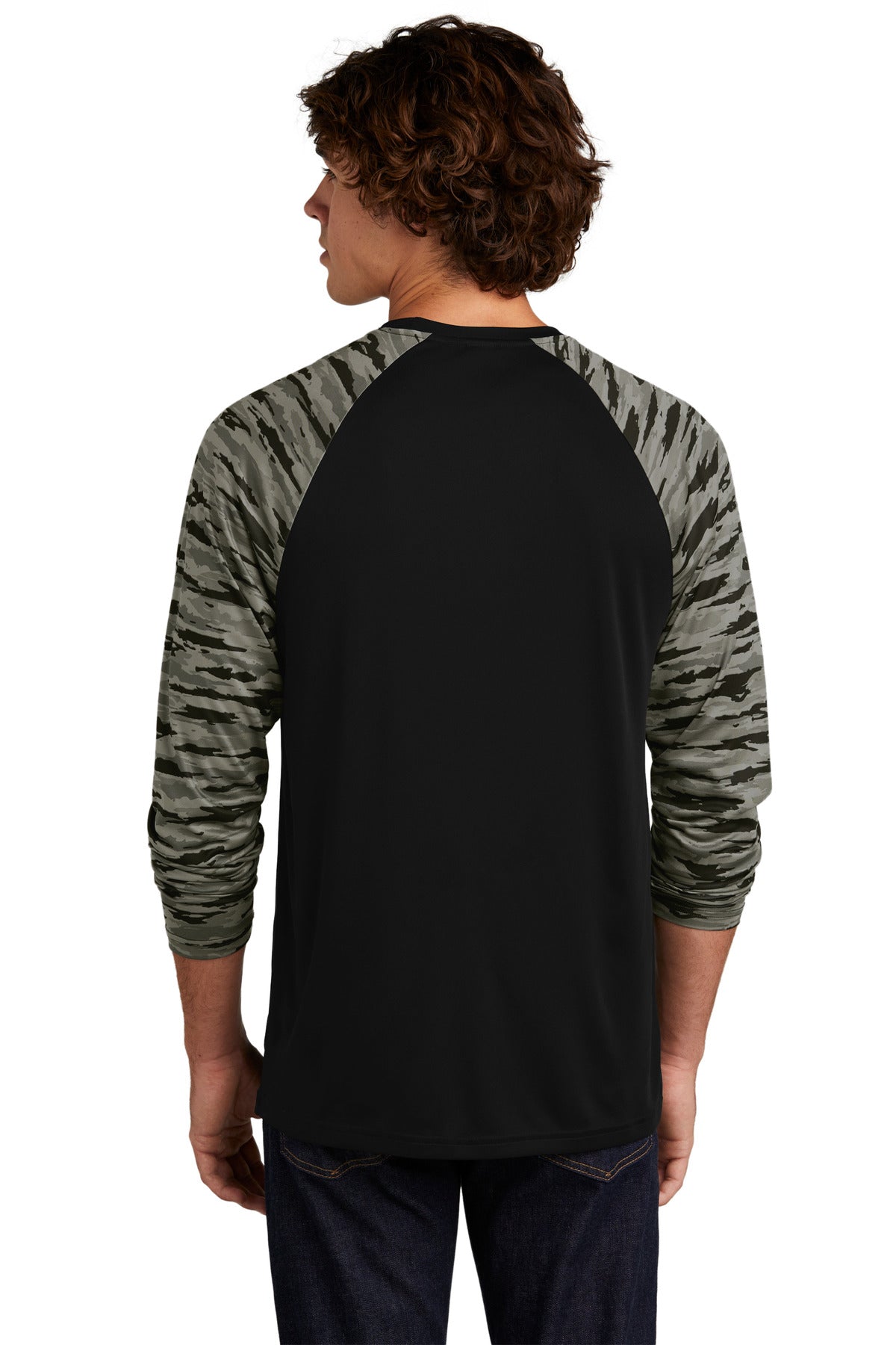 Custom Embroidered Sport-Tek Drift Camo Colorblock Long Sleeve Tee ST376LS,Black