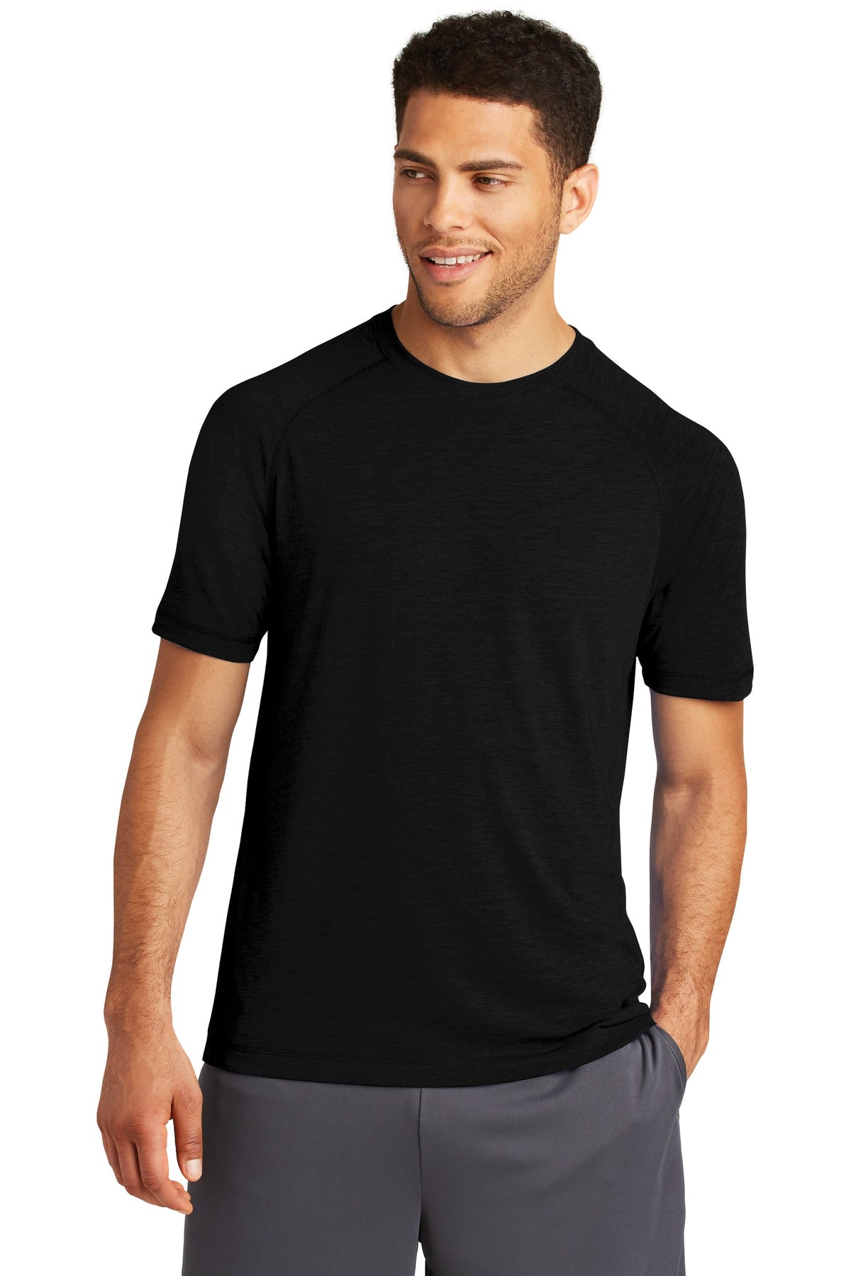 Sport-Tek PosiCharge Tri-Blend Wicking Raglan Tee. ST400 Black Triad Solid