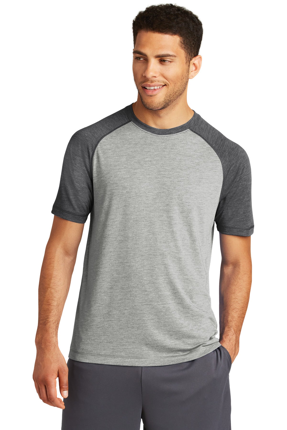Sport-Tek PosiCharge Tri-Blend Wicking Raglan Tee. ST400 Dark Grey Heather/ Light Grey Heather