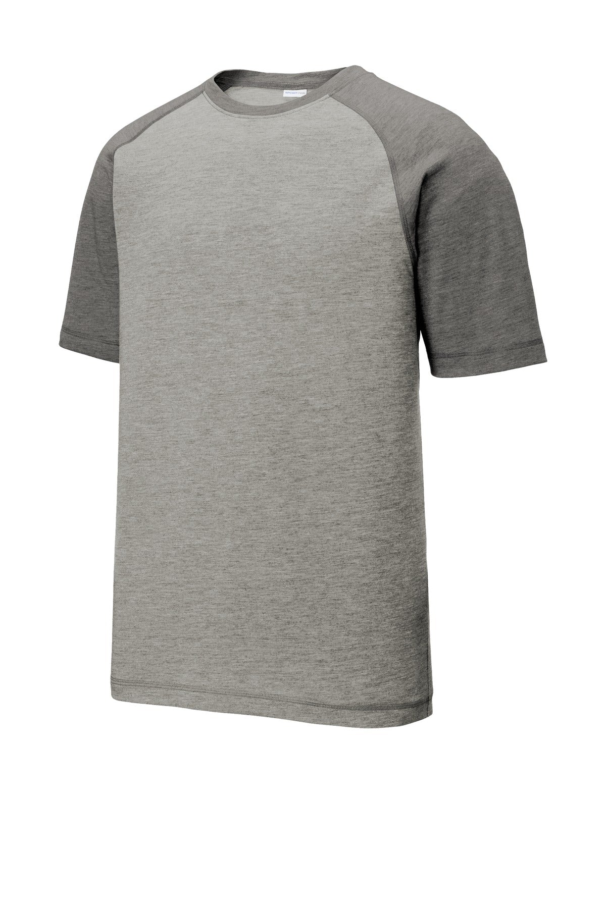 Sport-Tek PosiCharge Tri-Blend Wicking Raglan Tee. ST400 Dark Grey Heather/ Light Grey Heather