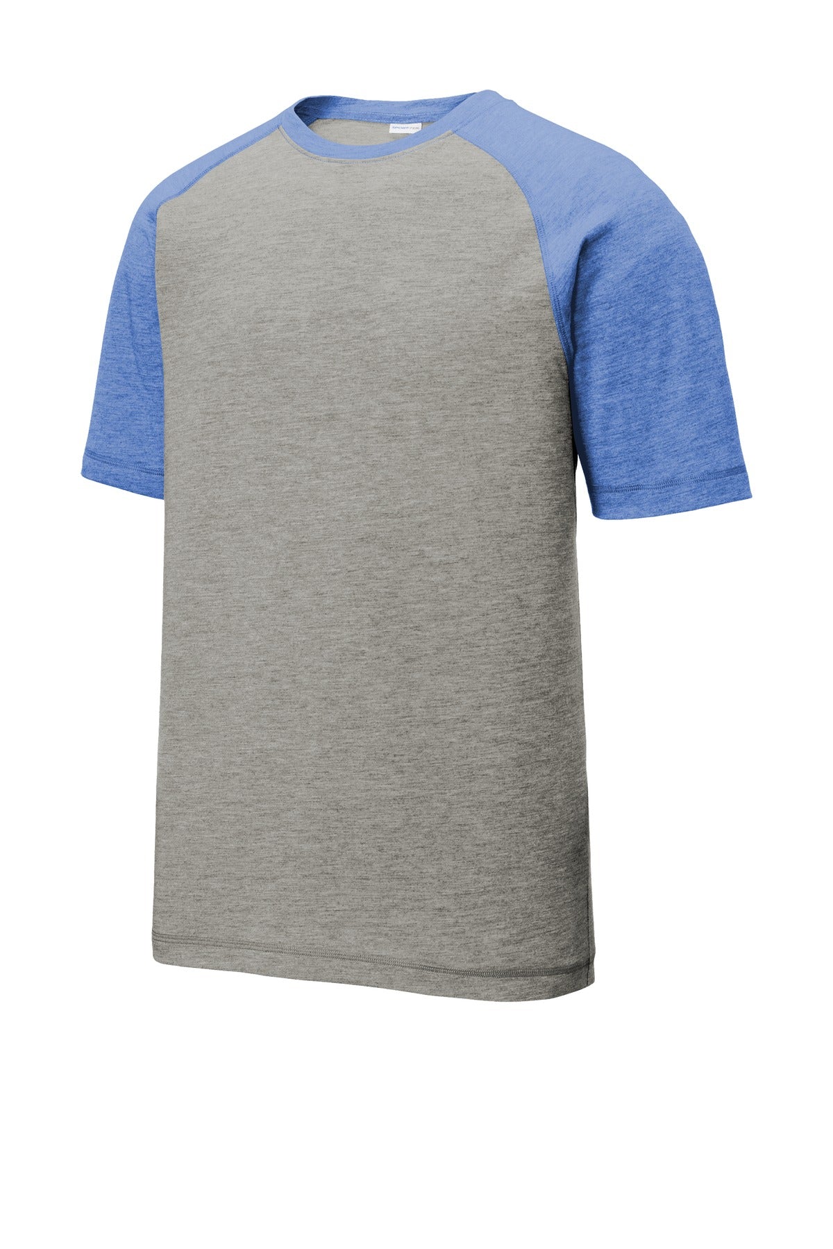 Sport-Tek PosiCharge Tri-Blend Wicking Raglan Tee. ST400 True Royal Heather/ Light Grey Heather