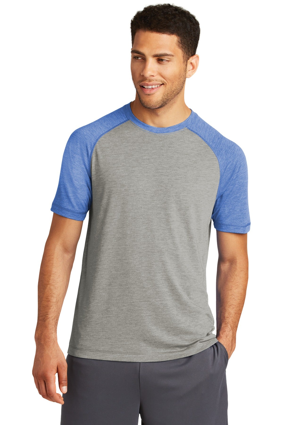 Sport-Tek PosiCharge Tri-Blend Wicking Raglan Tee. ST400 True Royal Heather/ Light Grey Heather