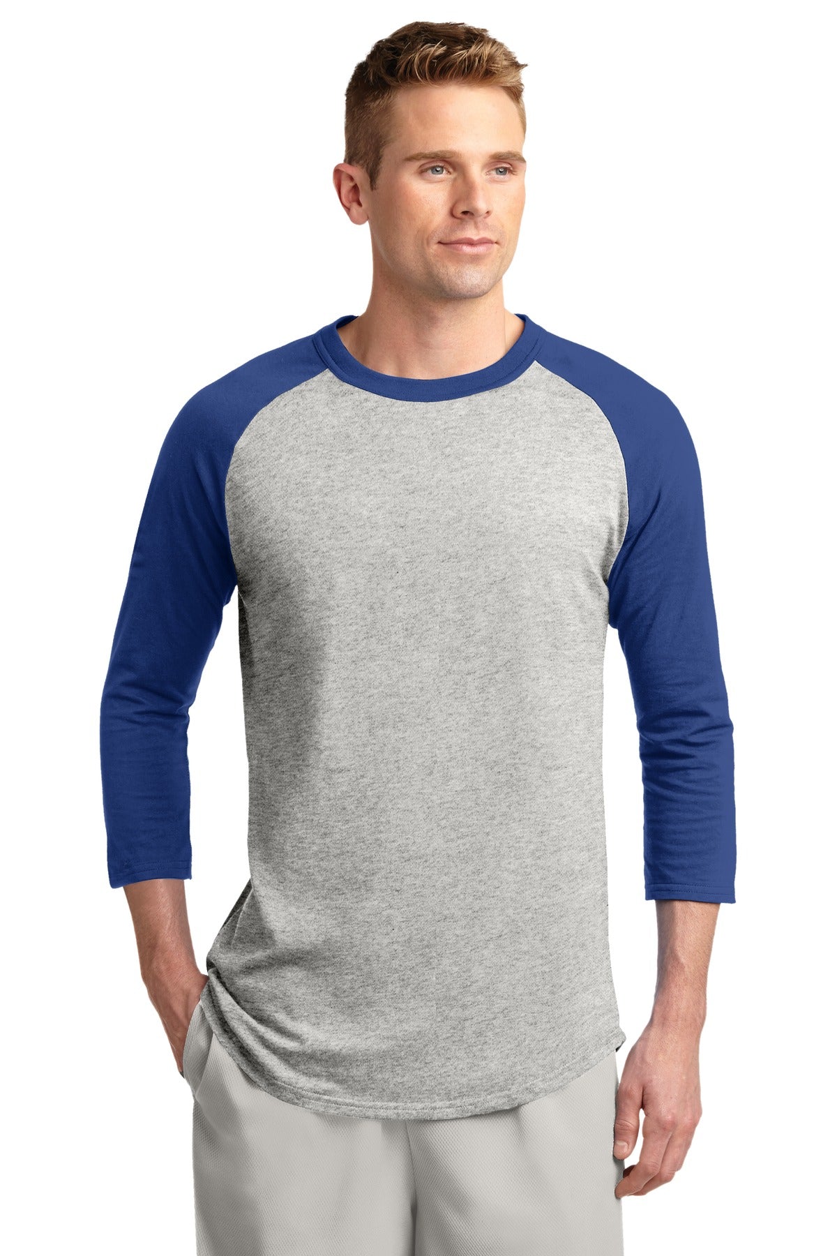 Sport-Tek Colorblock Raglan Jersey. T200 Heather Grey/ Royal