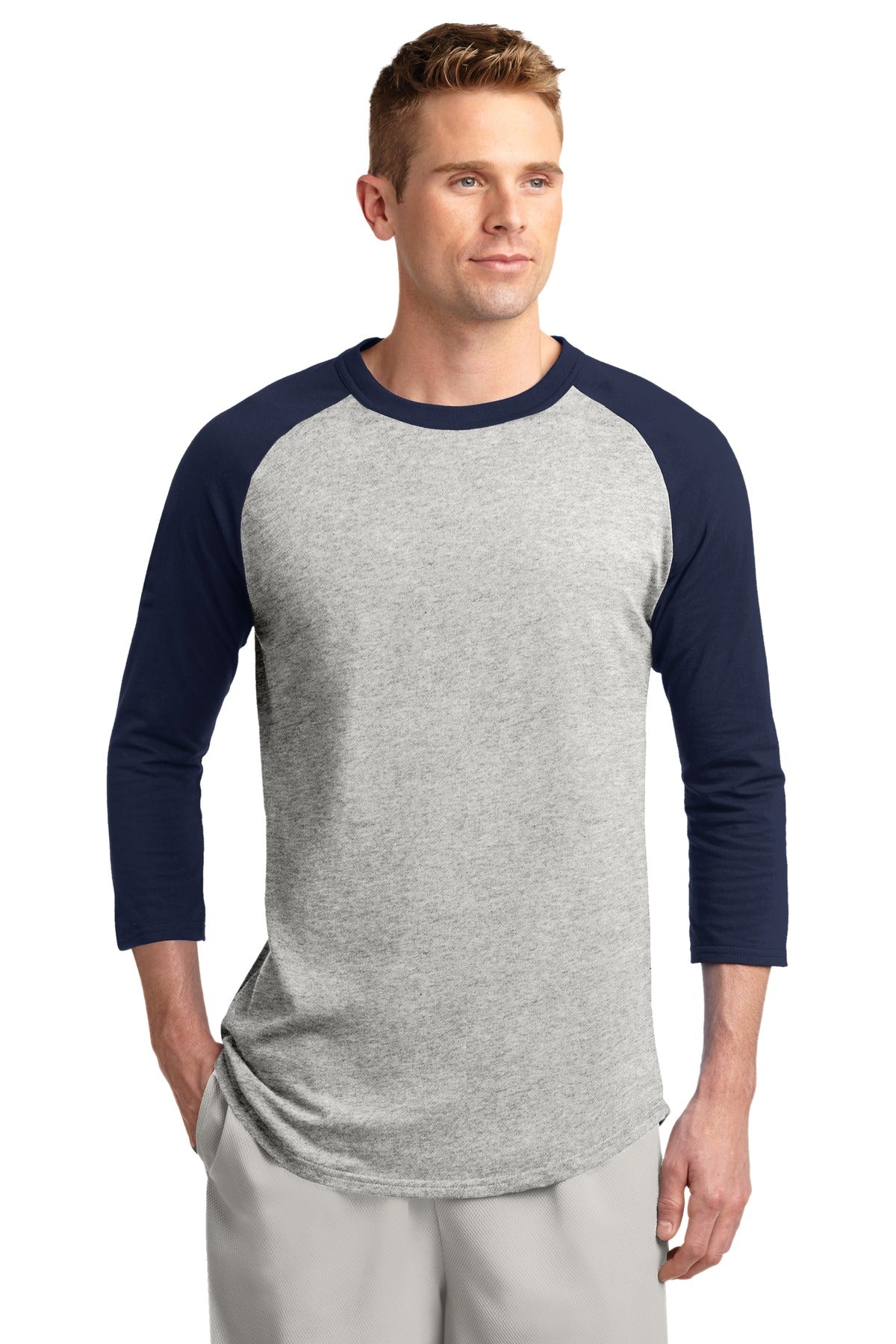 Sport-Tek Colorblock Raglan Jersey. T200 Heather Grey/ Navy