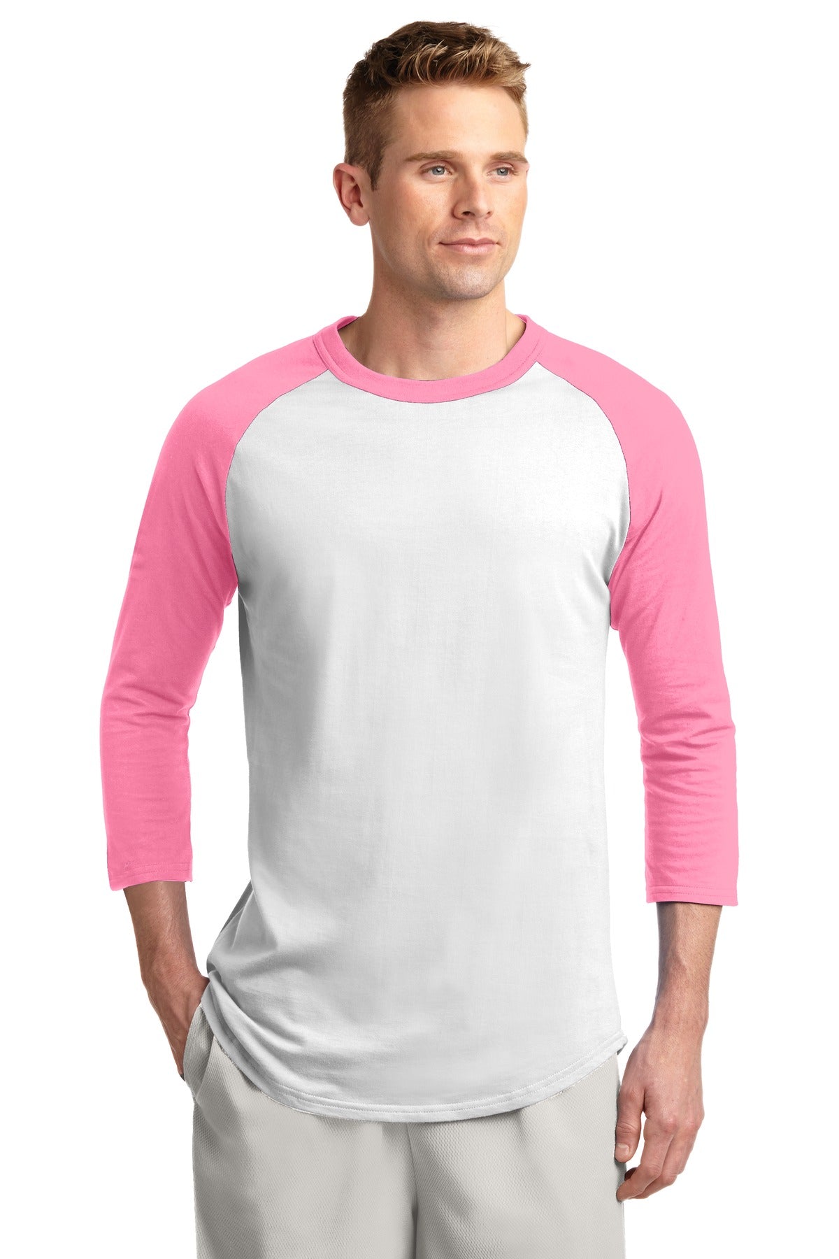 Sport-Tek Colorblock Raglan Jersey. T200 White/ Bright Pink