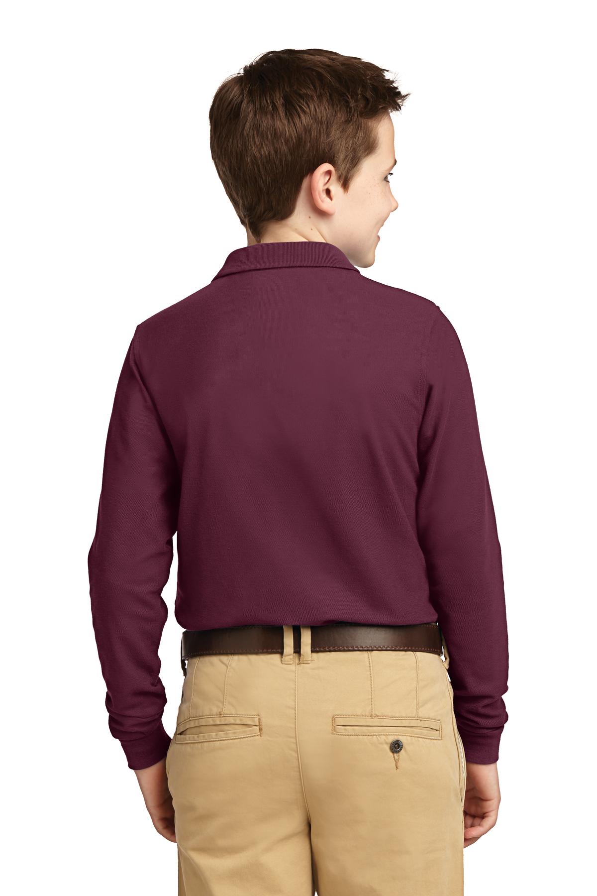 Custom Embroidered Port Authority Youth Long Sleeve Silk Touch Polo. Y500LS,Burgundy