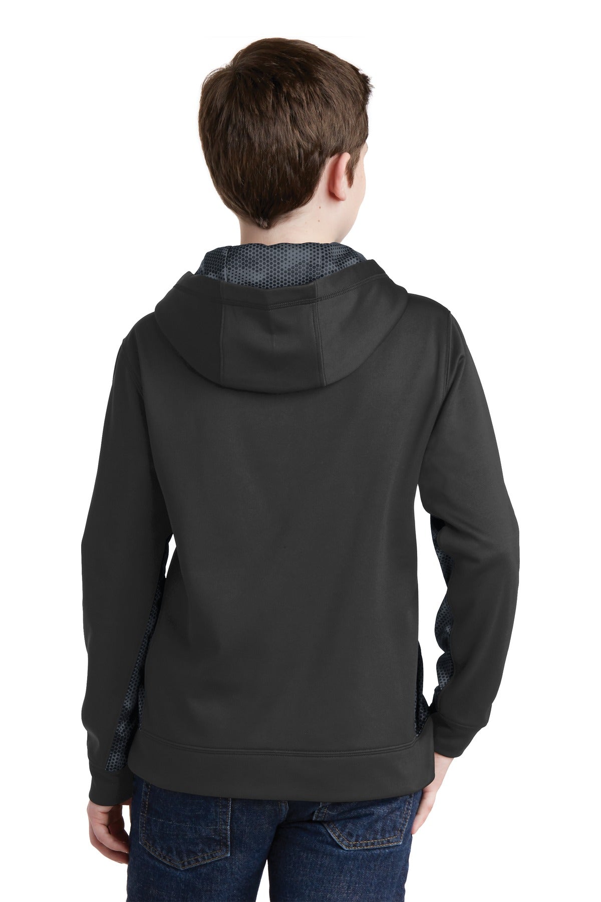Custom Embroidered Sport-Tek Youth Sport-Wick CamoHex Fleece Colorblock Hooded Pullover. YST239,Black/ Dark Smoke Grey