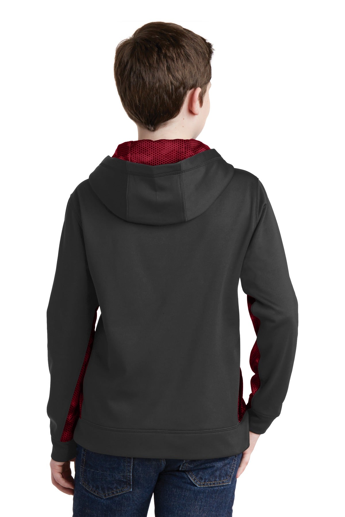 Custom Embroidered Sport-Tek Youth Sport-Wick CamoHex Fleece Colorblock Hooded Pullover. YST239,Black/ Deep Red