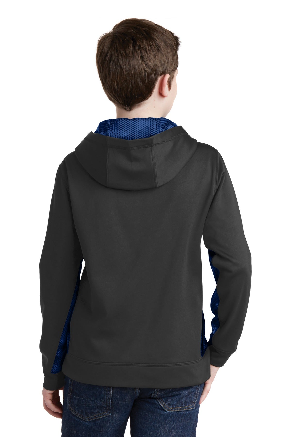 Custom Embroidered Sport-Tek Youth Sport-Wick CamoHex Fleece Colorblock Hooded Pullover. YST239,Black/ True Royal