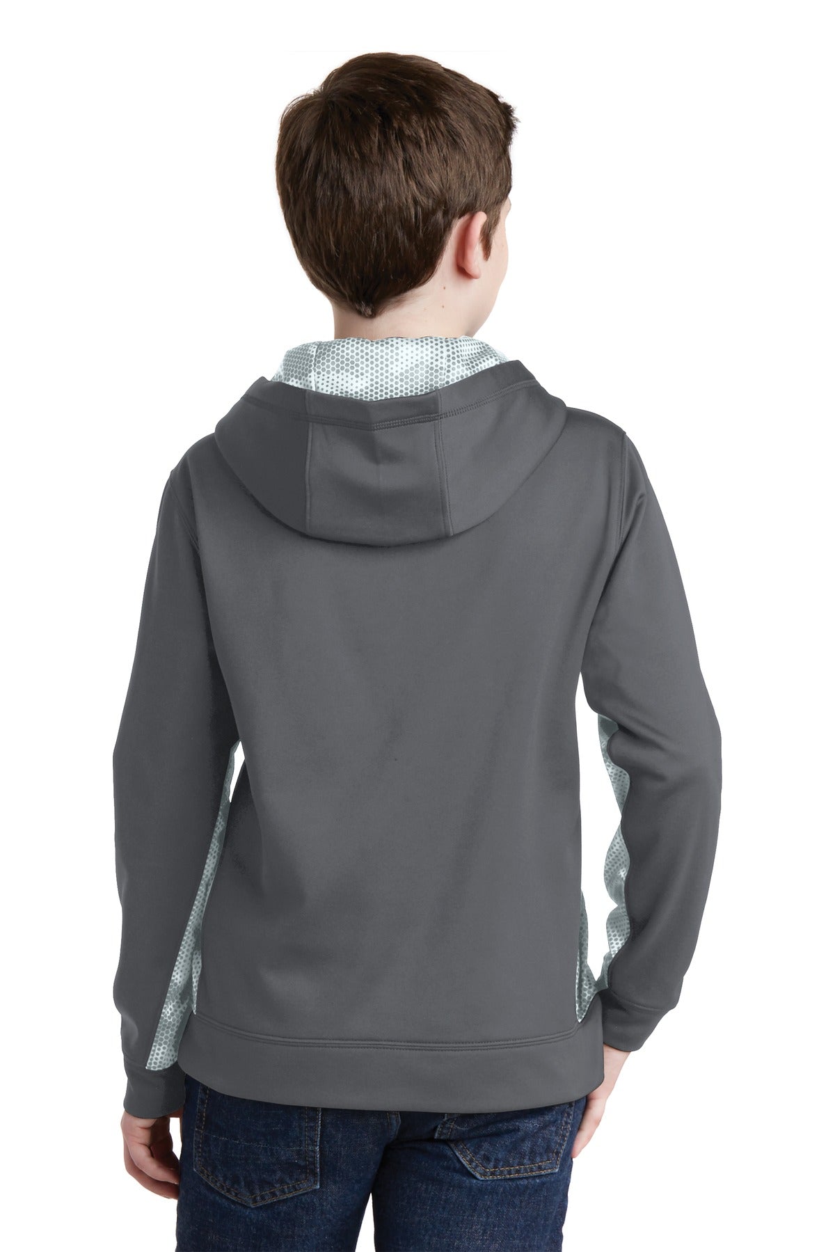 Custom Embroidered Sport-Tek Youth Sport-Wick CamoHex Fleece Colorblock Hooded Pullover. YST239,Dark Smoke Grey/ White