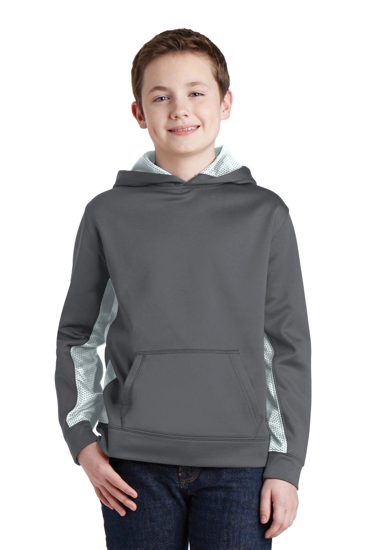 Sport-Tek Youth Sport-Wick CamoHex Fleece Colorblock Hooded Pullover. YST239