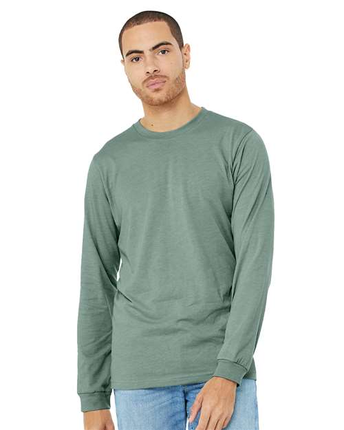 BELLA + CANVAS Heather CVC Long Sleeve Tee 3501CVC Heather Deep Teal Custom Embroidered Business Logo