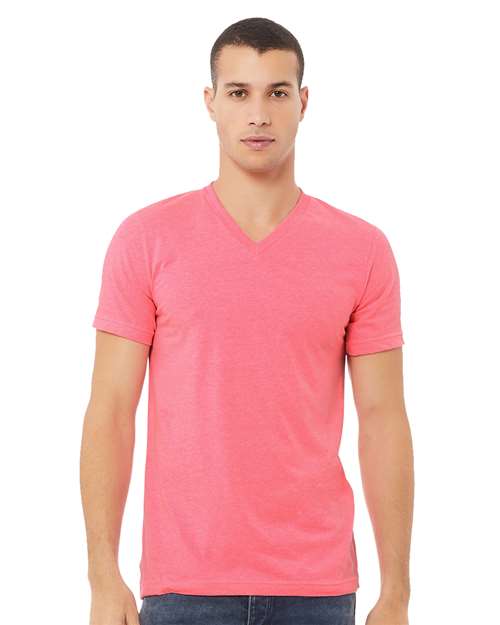 BELLA + CANVAS Heather CVC V-Neck Tee 3005CVC Neon Pink Custom Embroidered Business Logo