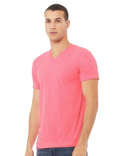 BELLA + CANVAS Heather CVC V-Neck Tee 3005CVC Neon Pink Custom Embroidered Business Logo