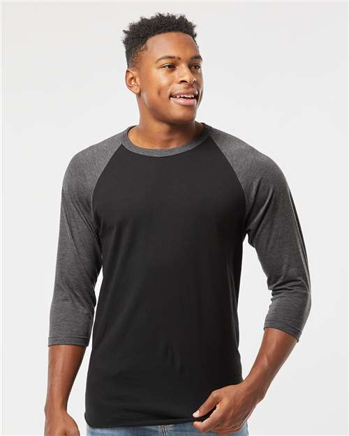 Custom Embroidered  Tultex Fine Jersey Raglan T-Shirt 245 Black/ Heather Charcoal