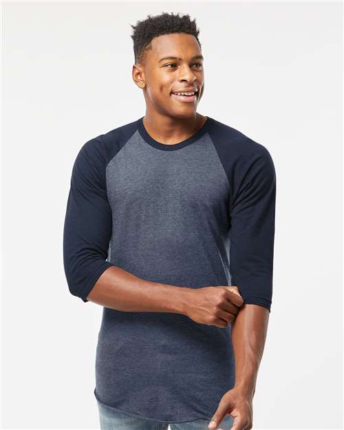 Custom Embroidered  Tultex Fine Jersey Raglan T-Shirt 245 Heather Denim/ Navy