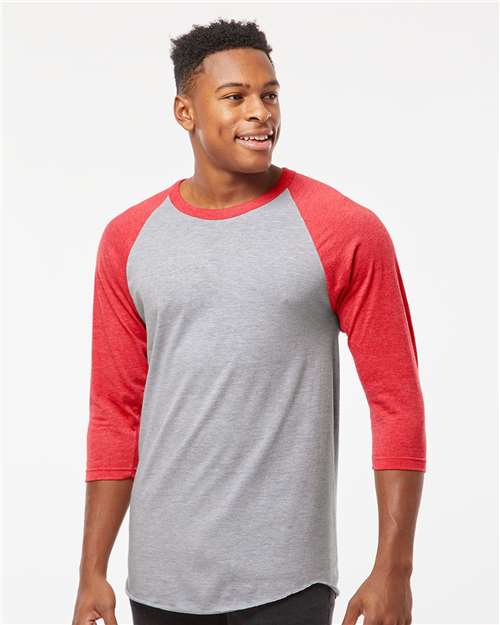 Custom Embroidered  Tultex Fine Jersey Raglan T-Shirt 245 Heather Grey/ Heather Red