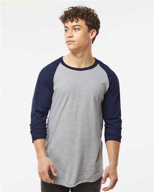 Custom Embroidered  Tultex Fine Jersey Raglan T-Shirt 245 Heather Grey/ Navy