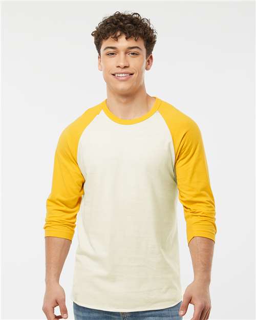 Custom Embroidered  Tultex Fine Jersey Raglan T-Shirt 245 Vintage White/ Mellow Yellow