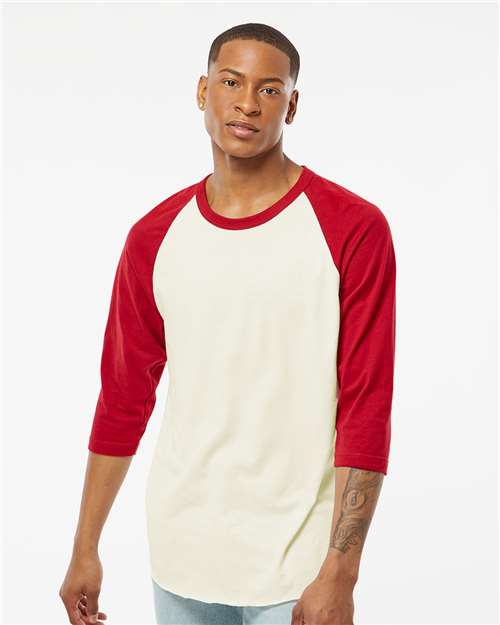 Custom Embroidered  Tultex Fine Jersey Raglan T-Shirt 245 Vintage White/ Rio Red
