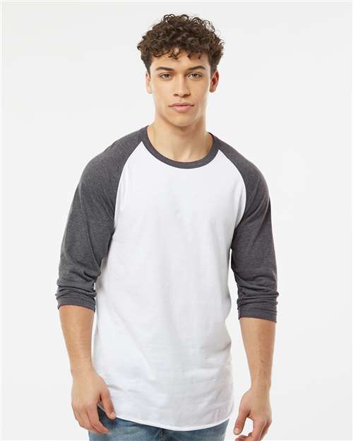 Custom Embroidered  Tultex Fine Jersey Raglan T-Shirt 245 White/ Heather Charcoal