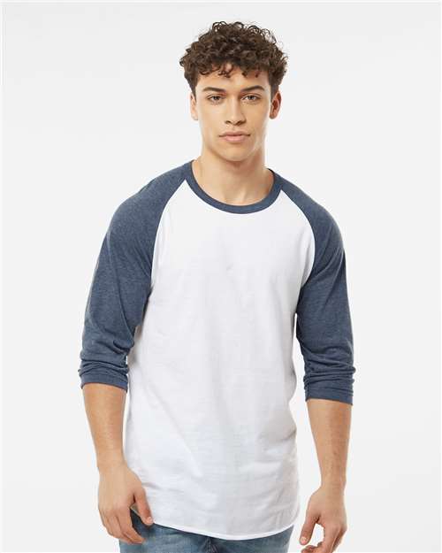Custom Embroidered  Tultex Fine Jersey Raglan T-Shirt 245 White/ Heather Denim