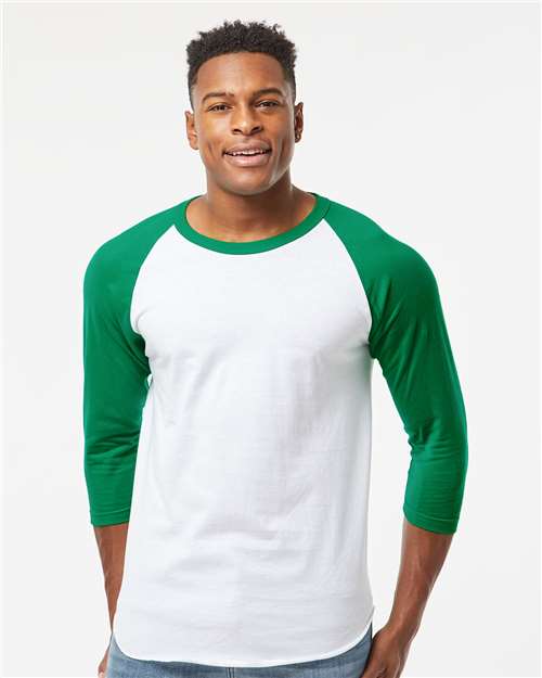 Custom Embroidered  Tultex Fine Jersey Raglan T-Shirt 245 White/ Kelly