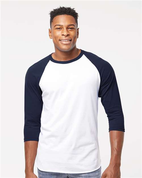 Custom Embroidered  Tultex Fine Jersey Raglan T-Shirt 245 White/ Navy