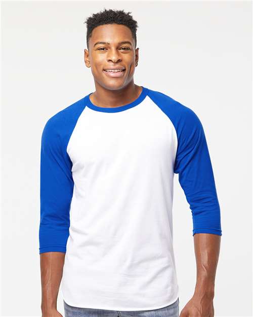 Custom Embroidered  Tultex Fine Jersey Raglan T-Shirt 245 White/ Royal