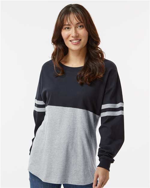 Custom Embroidered  Boxercraft Women's Pom Pom Long Sleeve Jersey T-Shirt BW3514 Black/ Oxford