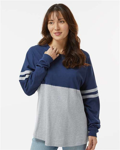 Custom Embroidered  Boxercraft Women's Pom Pom Long Sleeve Jersey T-Shirt BW3514 Navy/ Oxford