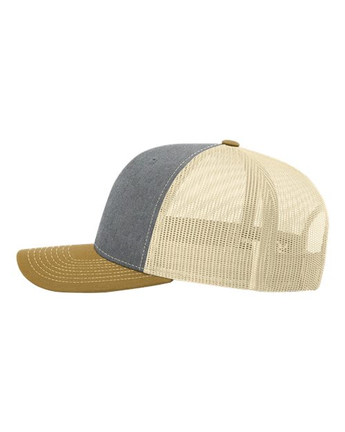 Richardson Snapback Trucker Cap 112 Heather Grey/ Birch/ Amber Gold Custom Embroidered Business Logo