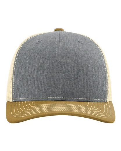 Richardson Snapback Trucker Cap 112 Heather Grey/ Birch/ Amber Gold Custom Embroidered Business Logo