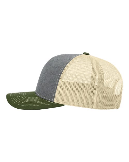 Richardson Snapback Trucker Cap 112 Heather Grey/ Birch/ Army Olive Custom Embroidered Business Logo