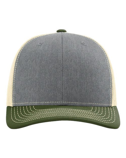 Richardson Snapback Trucker Cap 112 Heather Grey/ Birch/ Army Olive Custom Embroidered Business Logo