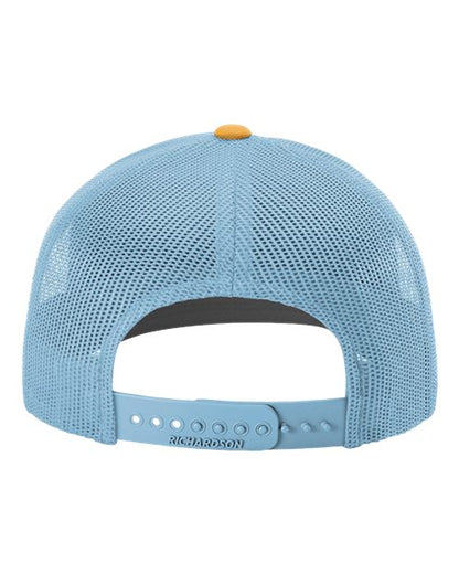 Richardson Snapback Trucker Cap 112 White/ Columbia Blue/ Yellow Custom Embroidered Business Logo