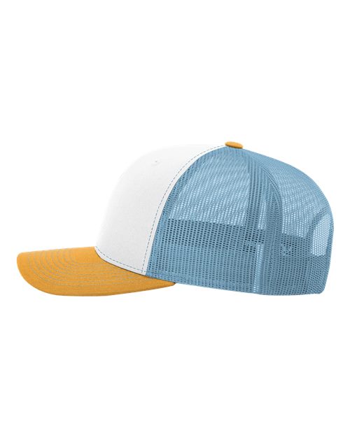 Richardson Snapback Trucker Cap 112 White/ Columbia Blue/ Yellow Custom Embroidered Business Logo