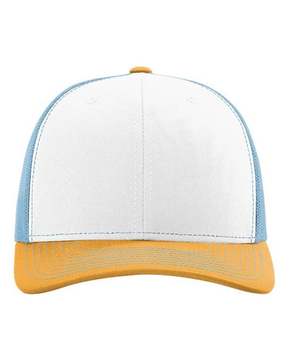 Richardson Snapback Trucker Cap 112 White/ Columbia Blue/ Yellow Custom Embroidered Business Logo