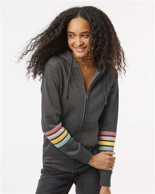 Custom Embroidered  MV Sport Women's Striped Sleeves Full-Zip Hooded Sweatshirt W22732  