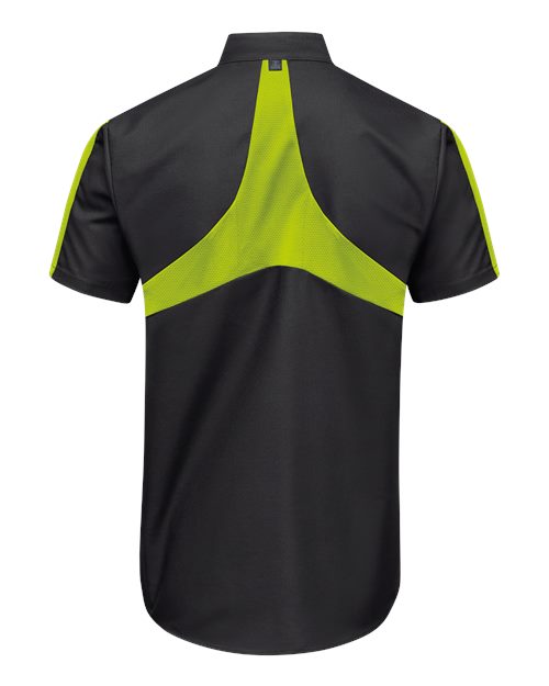 Custom EmbroideredRed Kap Men's Mimix Pro+ Short Sleeve Work Shirt With OilBlok 11856 Black/ High Vis Yellow