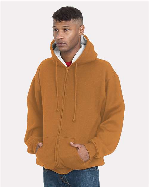 Custom EmbroideredBayside Unisex USA-Made Super Heavy Thermal Lined Full-Zip Hooded Sweatshirt 12265 Caramel Brown/ Cream