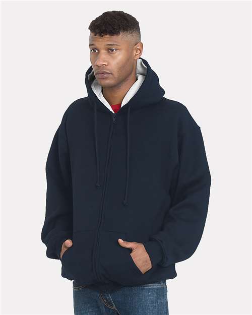 Custom EmbroideredBayside Unisex USA-Made Super Heavy Thermal Lined Full-Zip Hooded Sweatshirt 12265 Navy/ Cream