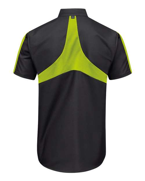 Custom EmbroideredRed Kap Men's Tall Mimix Pro+ Short Sleeve Work Shirt With OilBlok 12704 Black/ High Vis Yellow