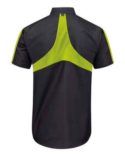 Custom EmbroideredRed Kap Men's Tall Mimix Pro+ Short Sleeve Work Shirt With OilBlok 12704 Black/ High Vis Yellow